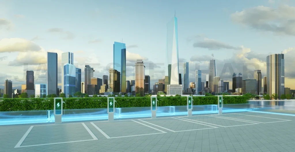 
Electric vehicle charging station showing charging power in futuristic city skyline