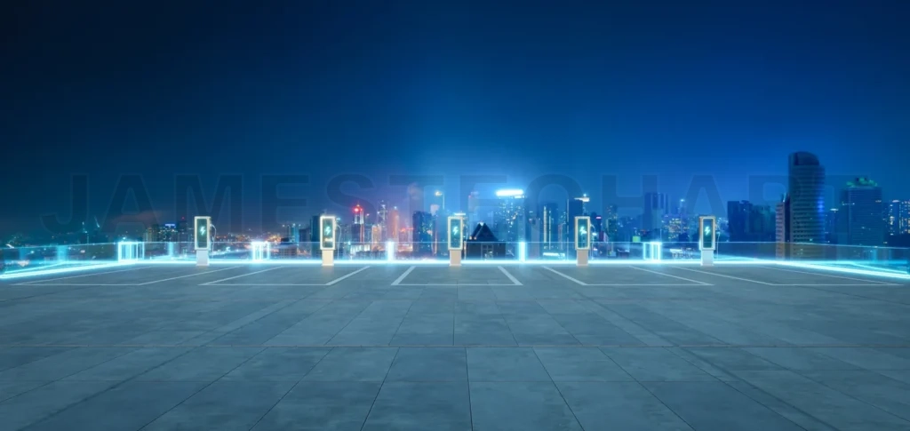 
Electric vehicle charging station overlooking illuminated cityscape at night