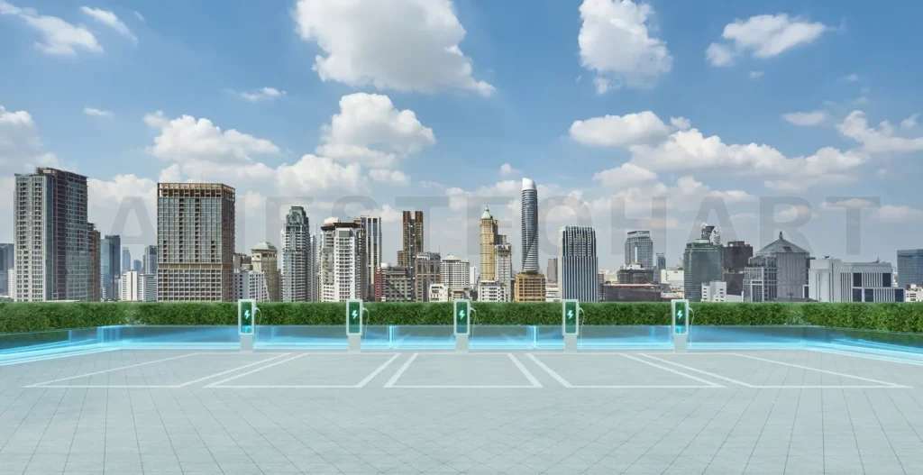 
Electric vehicle charging stations powering up a sustainable cityscape