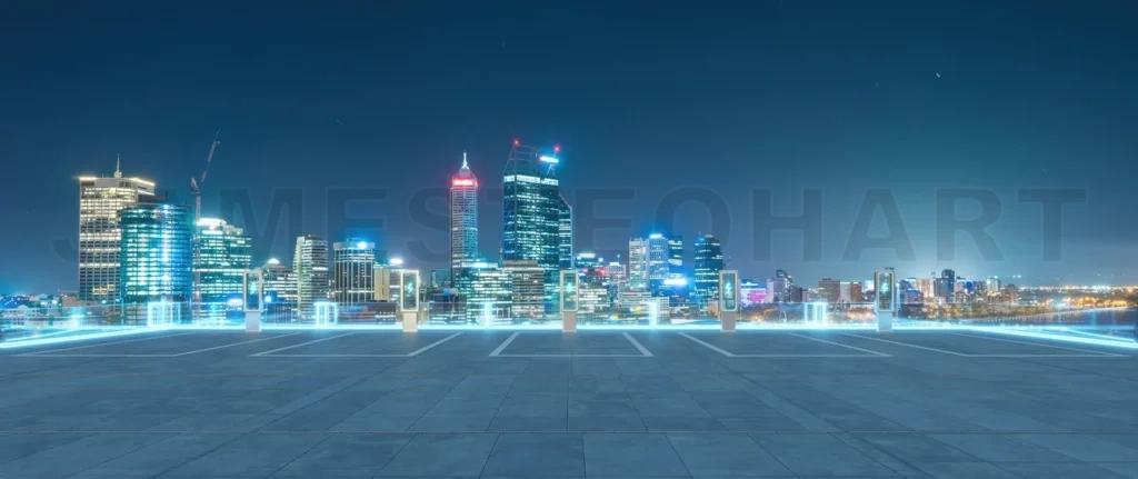 
Electric vehicle charging stations illuminating perth city skyline at night