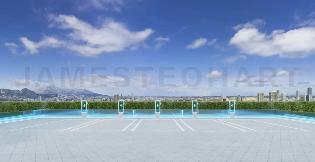 
Electric vehicle charging stations on rooftop parking with city view