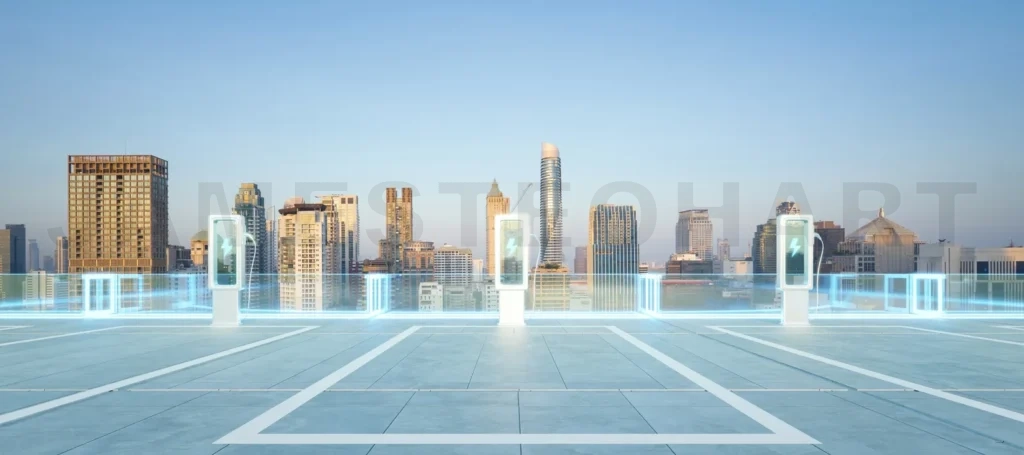 
Electric vehicle charging station parking with bangkok city skyline in background
