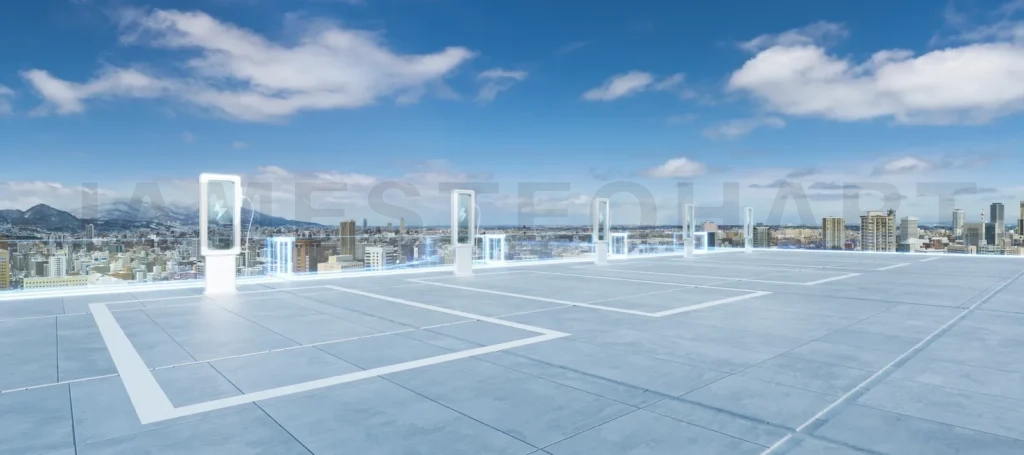 
Electric vehicle charging stations dominating sapporo city rooftop parking area