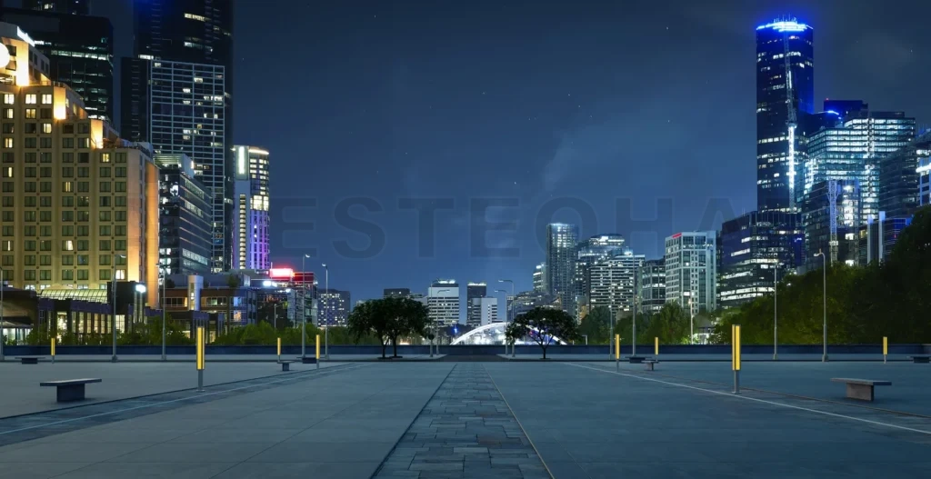 
Panoramic view of empty urban floor with city skyline