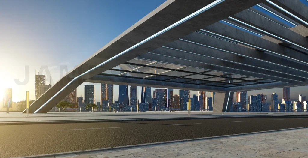 
Roadside street view with modern rooftop building