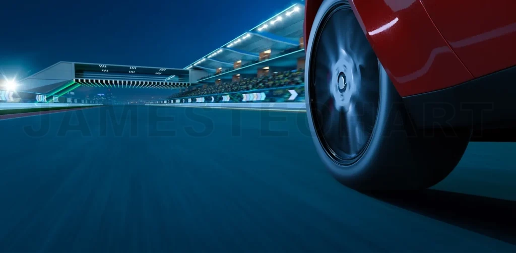 
3d Low angle side view of car driving fast at modern internatio
