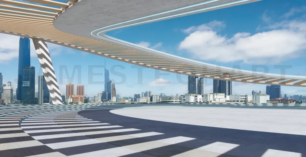 
Perspective view of empty concrete floor with cement staircase a
