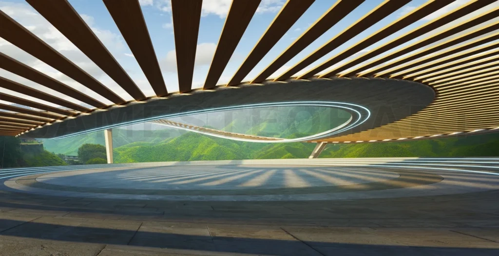 
3D Circular structure with mountain background