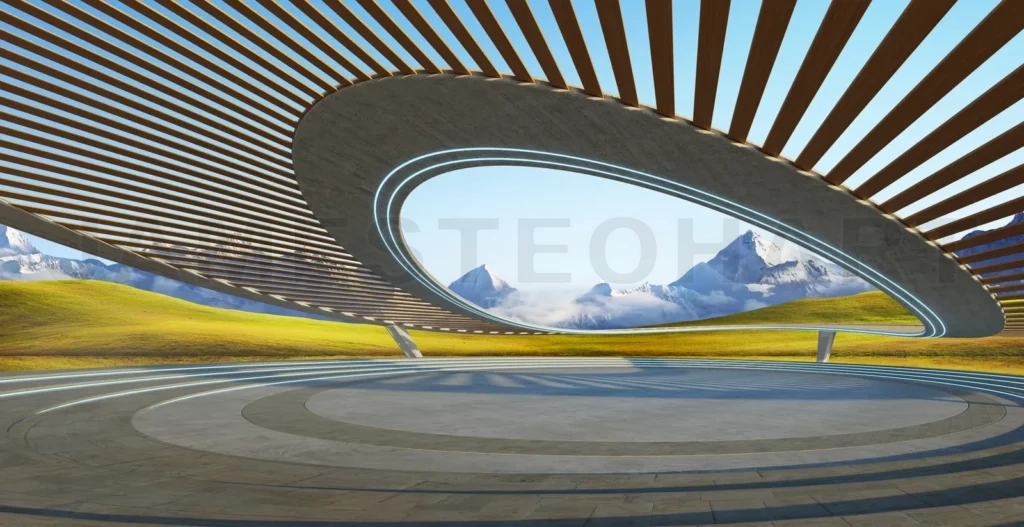 
3D Curved floor with mountains leading the viewers eye towards t