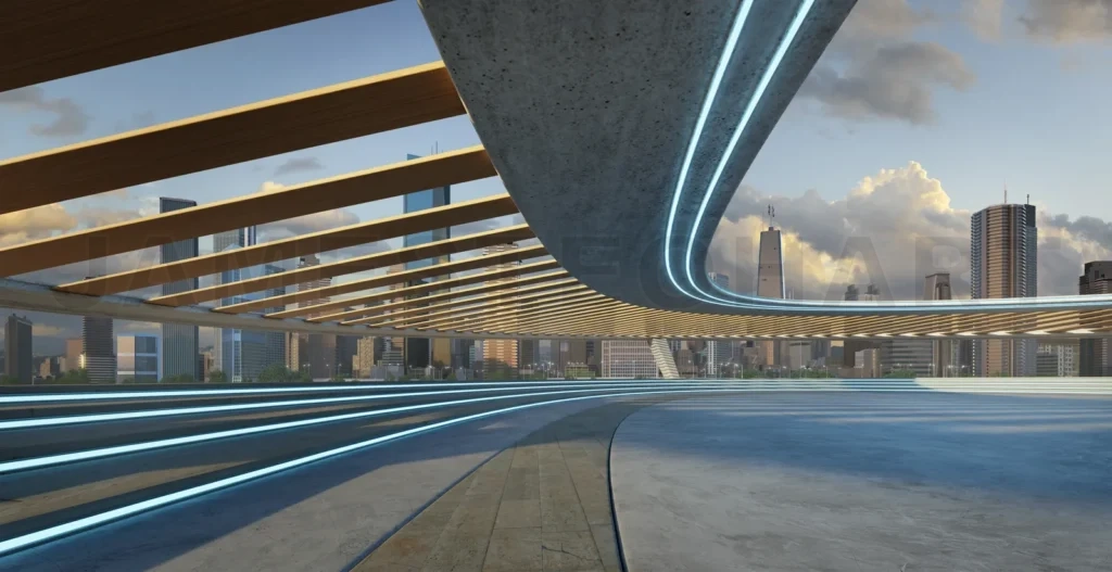 
3D The building features unique architecture and reflective surf