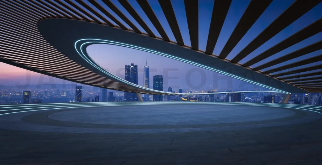 
3D city skyline view at night from the top of a building