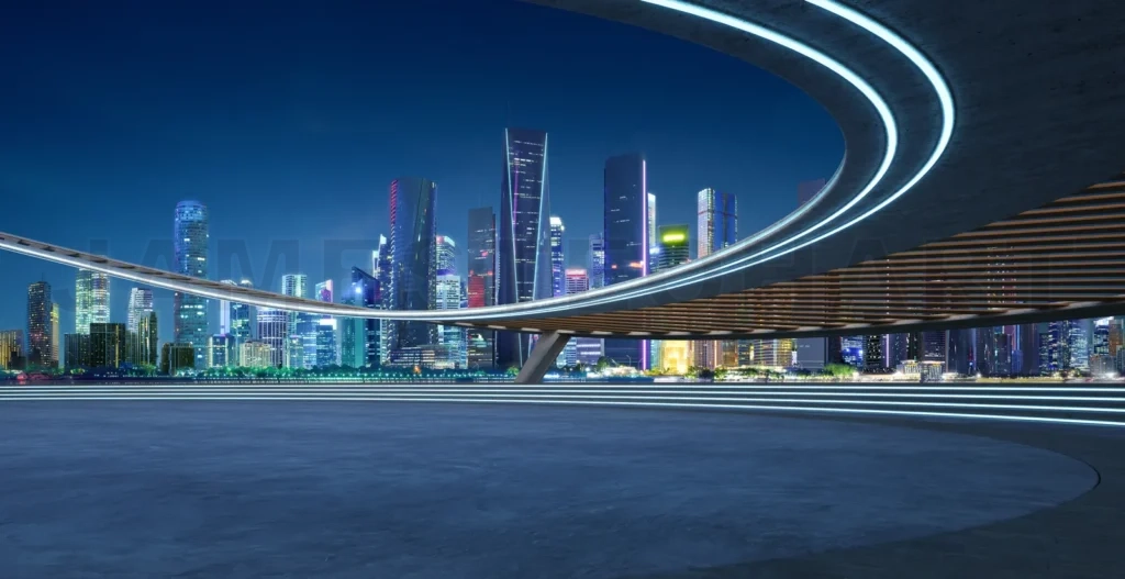 
Perspective view of empty concrete floor with cement staircase a