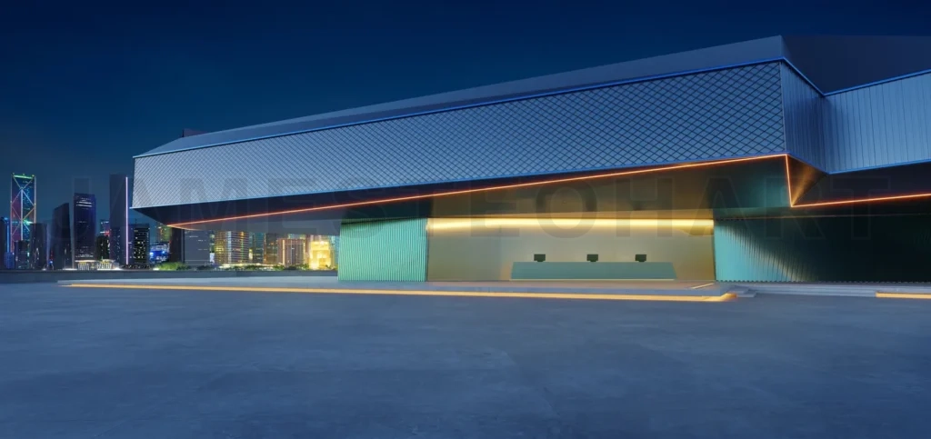 
3D Modern architecture at twilight: urban building exterior