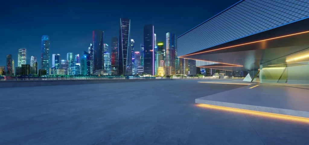 
3D Modern cityscape with illuminated skyscrapers at twilight
