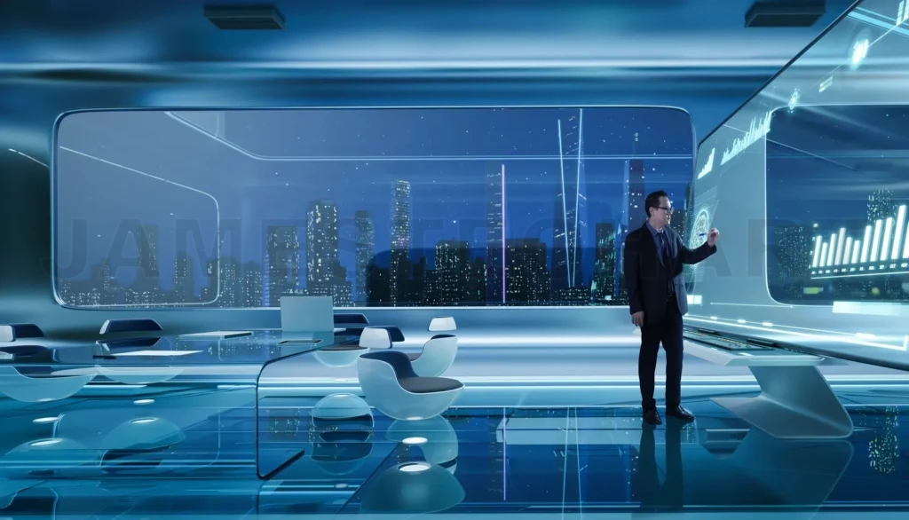 
Businessmen working with smart virtual screens projectio