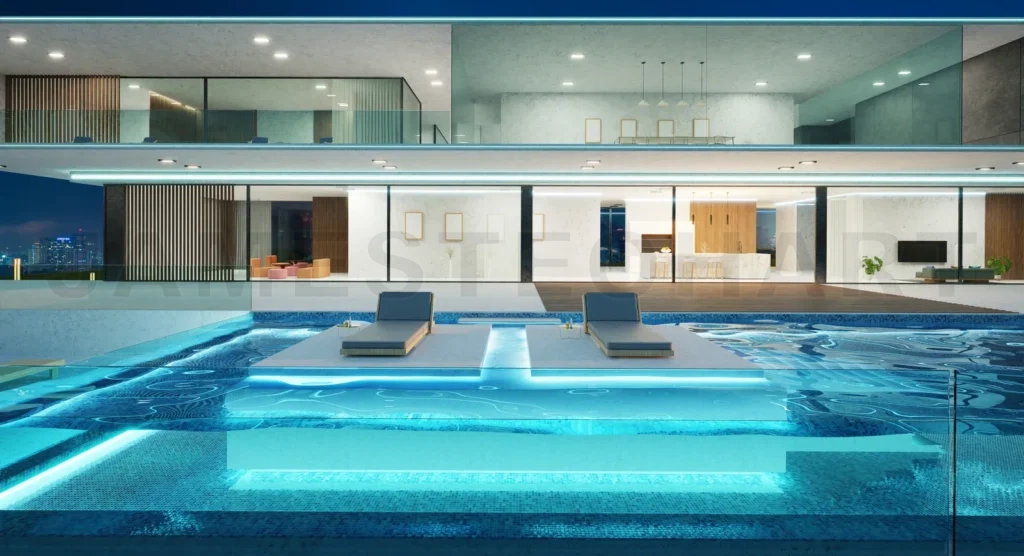 
Modern villa with a swimming pool at night