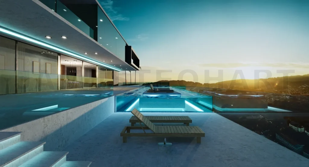 
Luxury villa exterior design with beautiful sunset at the infini