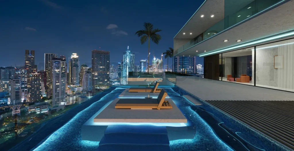 
Luxury villa exterior design with beautiful night cityscape at t