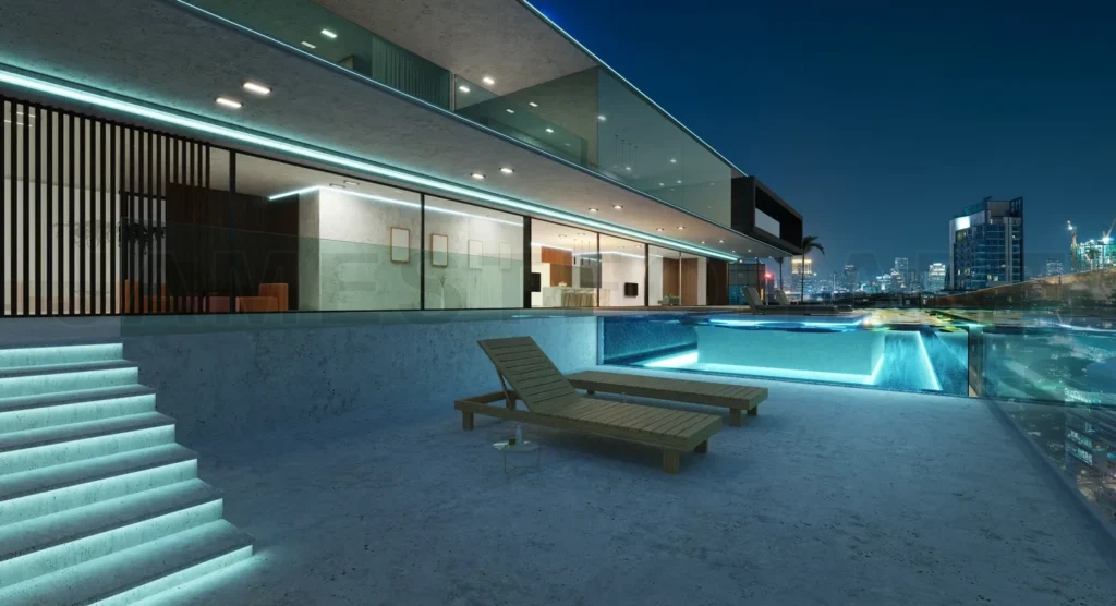 
Luxury villa exterior design with beautiful night cityscape at t