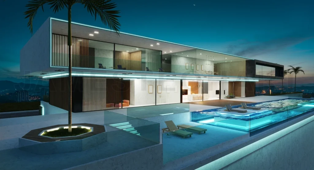 
Luxury villa exterior design with beautiful infinity pool