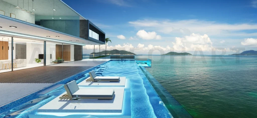 
Luxury villa exterior design with beautiful seascape