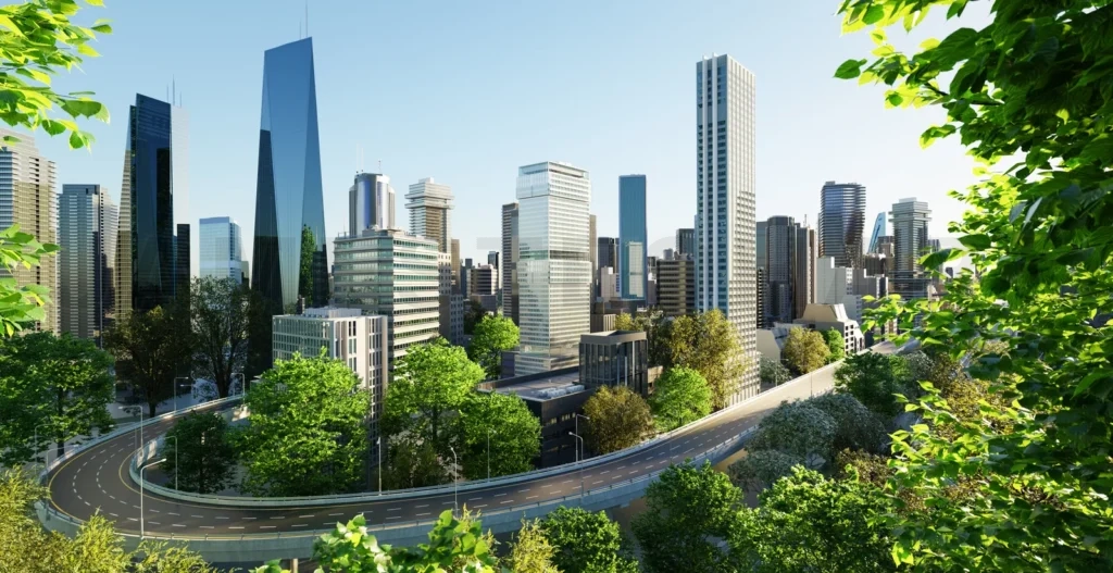 
Virtual design green cityscape skyline with curvy highway road