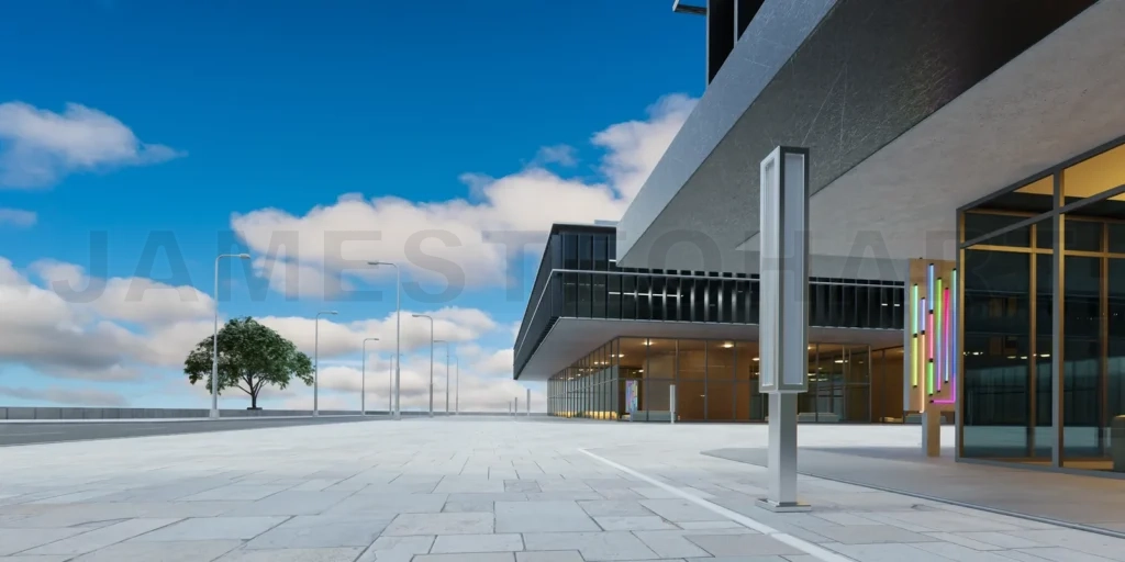 
Empty floor with office buildings and modern architecture