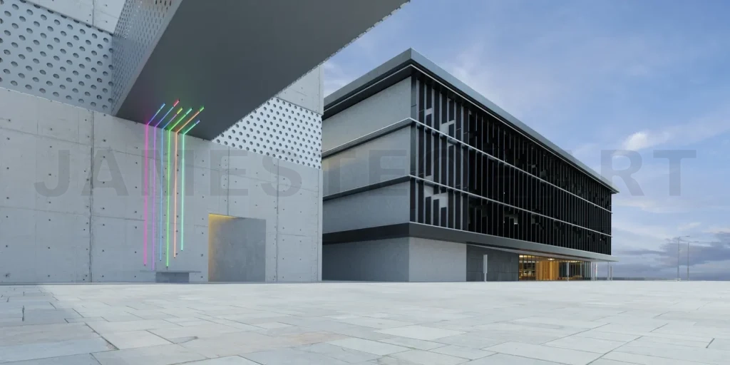 
Empty floor with office buildings and modern architecture
