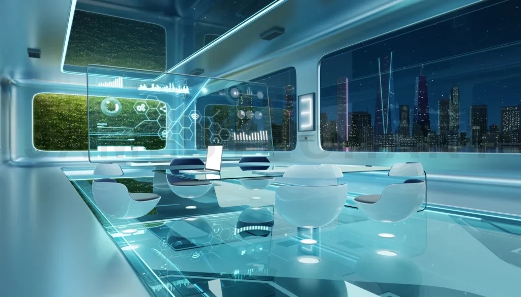 
Modern sci-fi futuristic interior office design with green wall