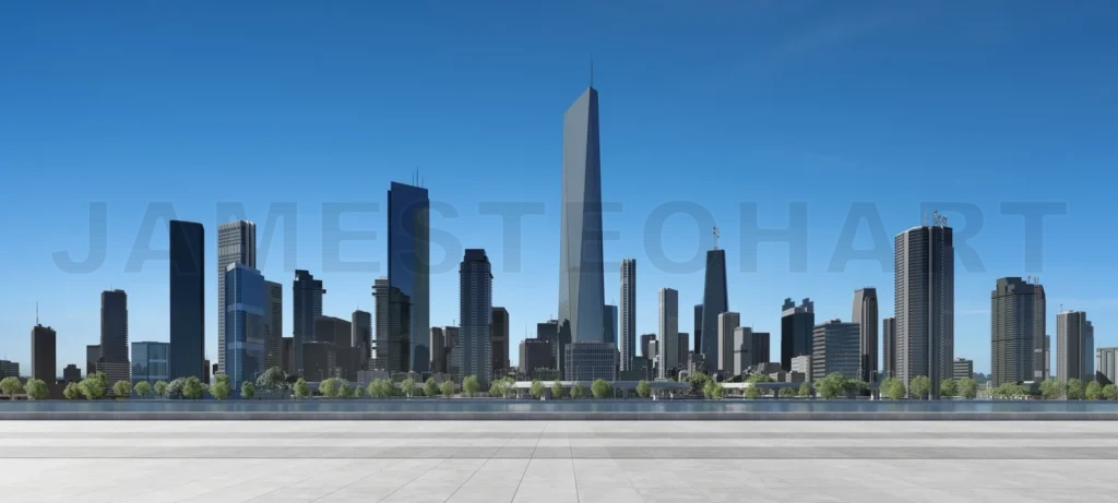 
3D Modern city with a beautiful view and empty floor in front