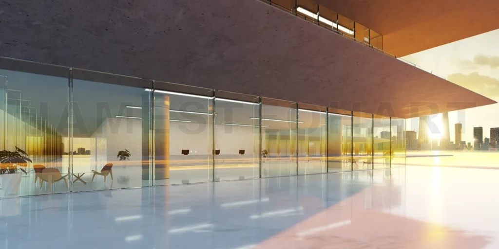 
3D Modern office building with concrete and glass facade