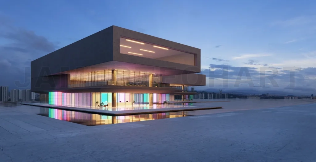 
3D modern buildings have colored gradient glass walls with a pon
