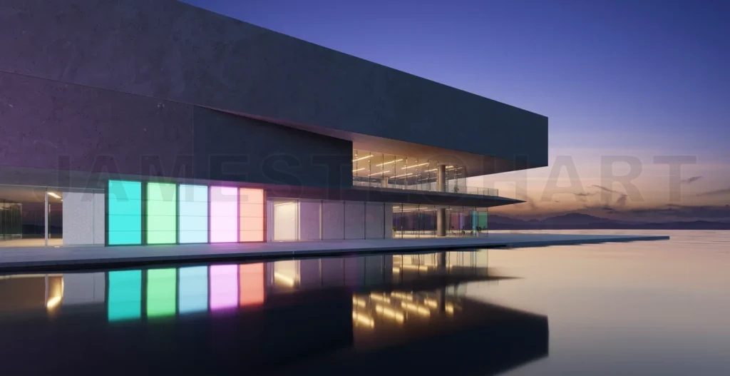 
3D modern buildings have colored gradient glass walls with a pon