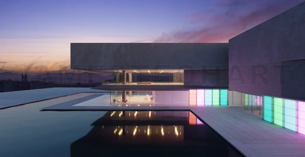 
3D modern buildings have colored gradient glass walls with a pon