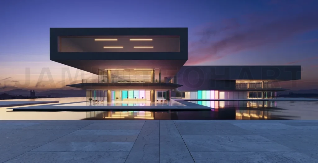 
3D modern buildings have colored gradient glass walls with a pon