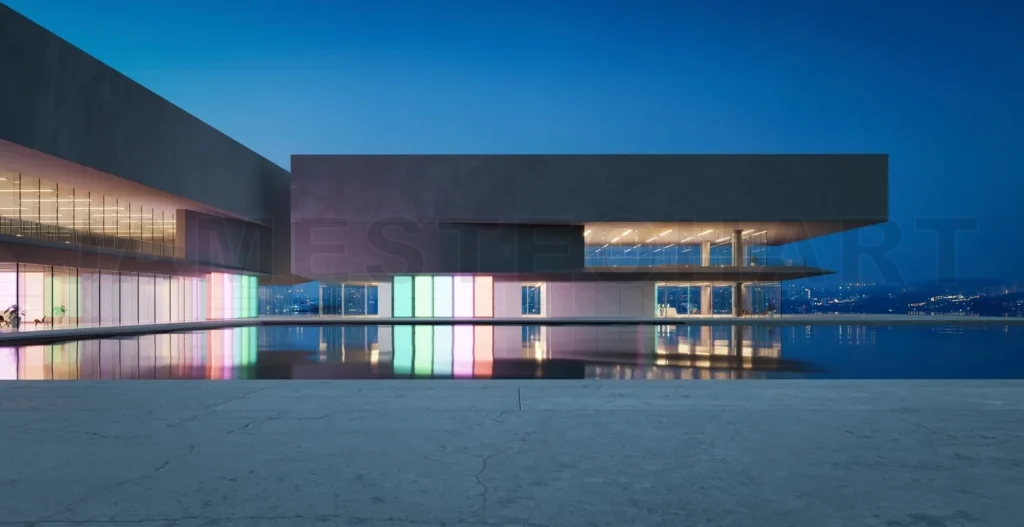 
3D modern buildings have colored gradient glass walls with a pon