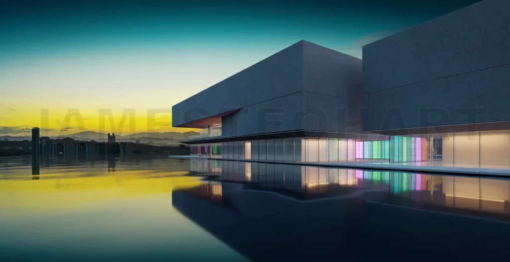 
3D modern buildings have colored gradient glass walls with a pon