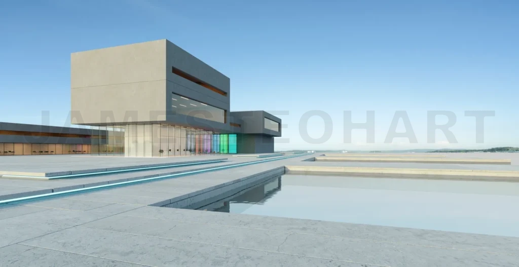 
3D Modern architecture with a pond