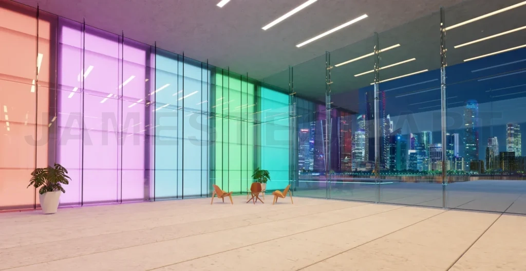 
3d Modern colored gradient glass walls lobby waiting space