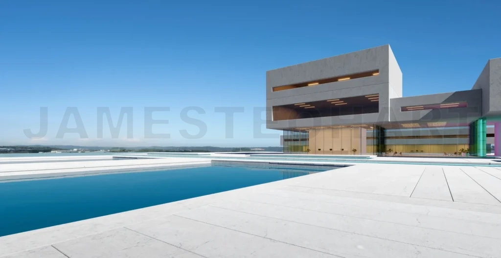 
3D Modern architecture with a pond