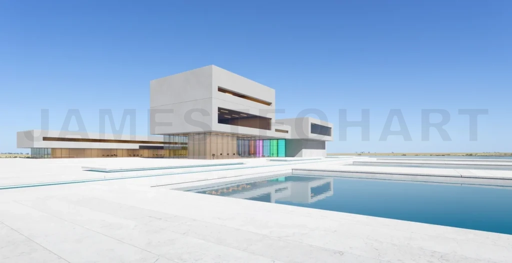 
3D Modern architecture with a pond