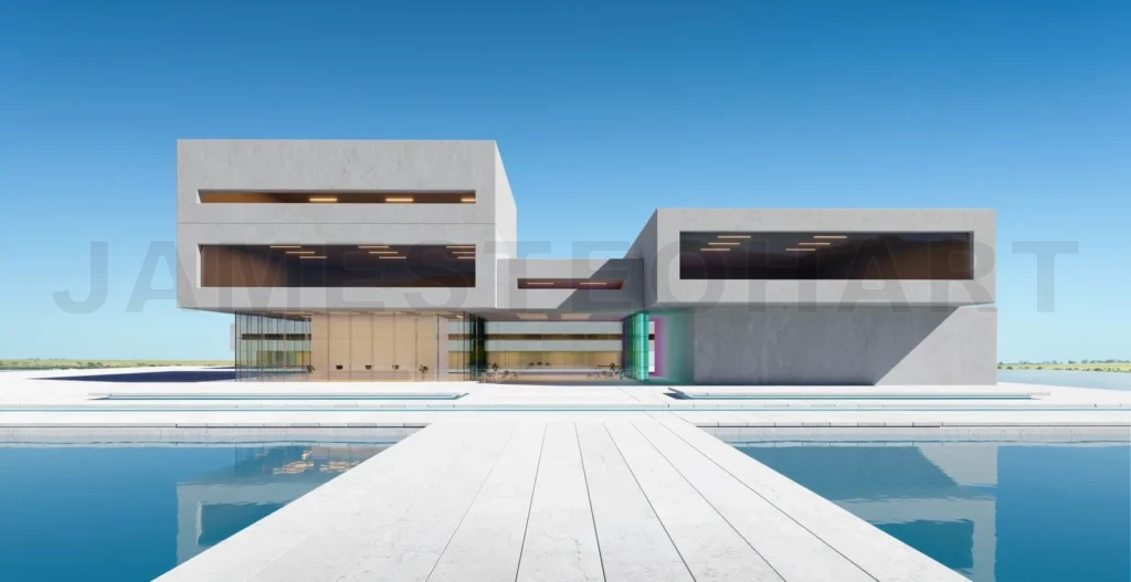 
3D Modern architecture with a pond