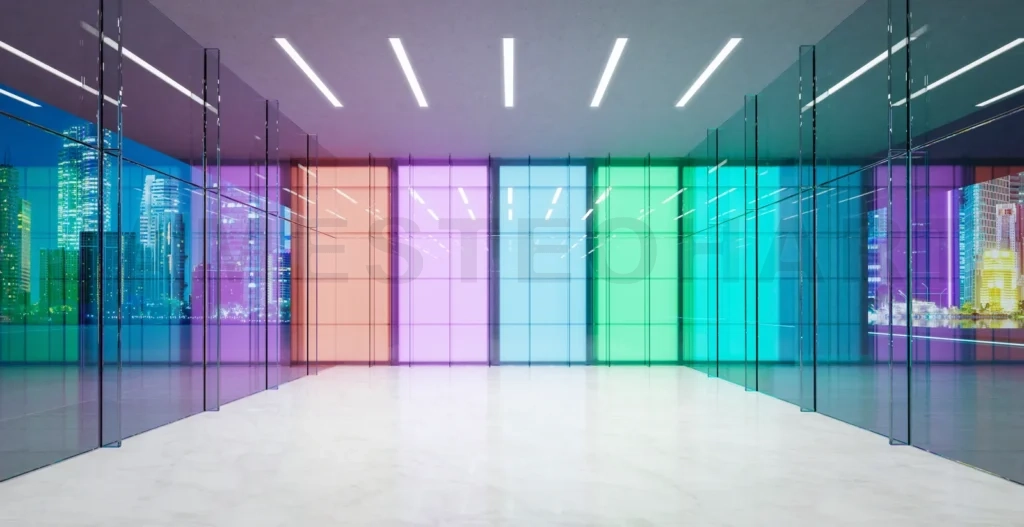 
3d Modern colored gradient glass walls lobby waiting space