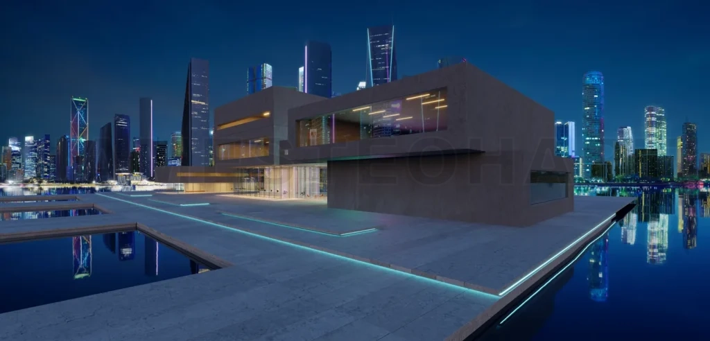 
3d Facades of modern buildings in the business district at night