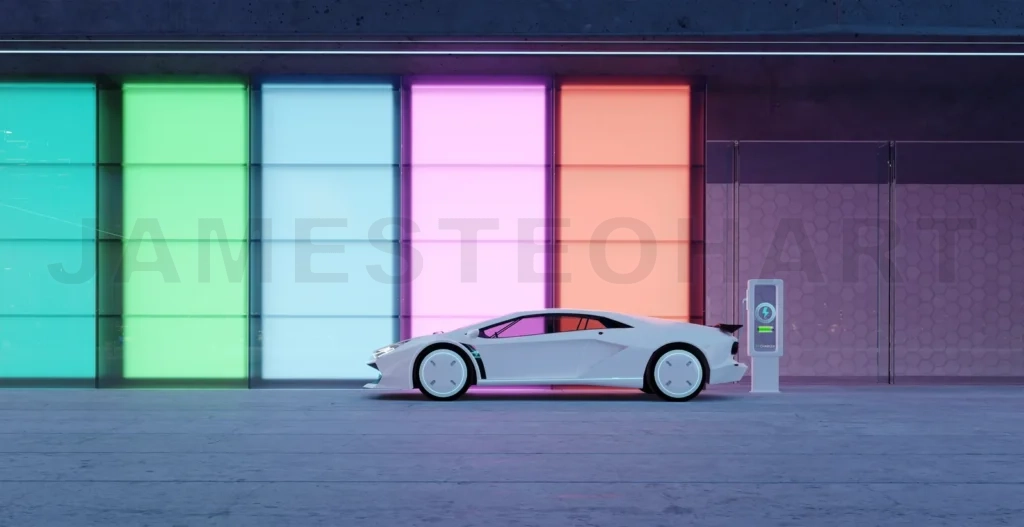 
3D electric sports car is parked and charged outside the glass f