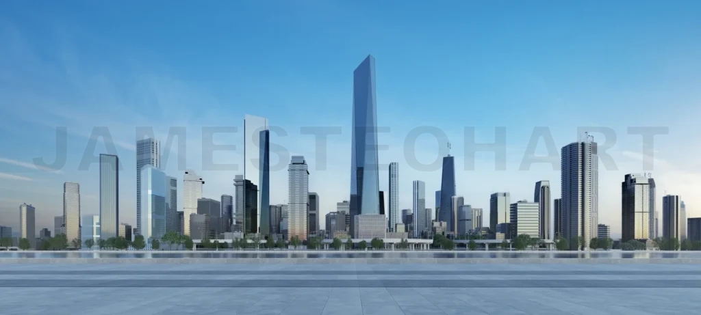 
3d open space floor and daytime cityscape.