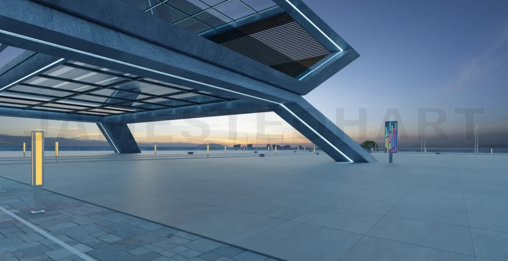 
3d perspective view of empty concrete floor and modern rooftop b