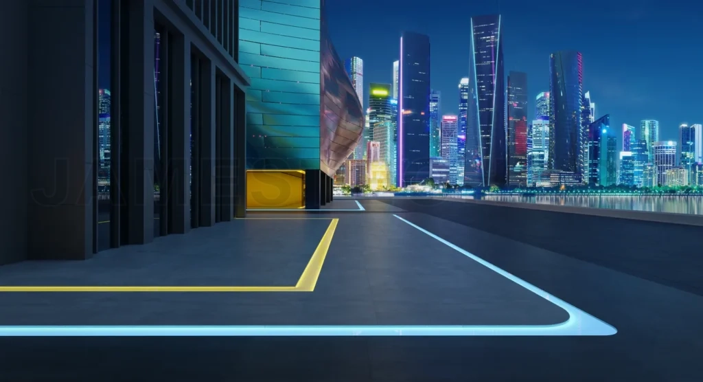 
Perspective view of empty floor with modern building