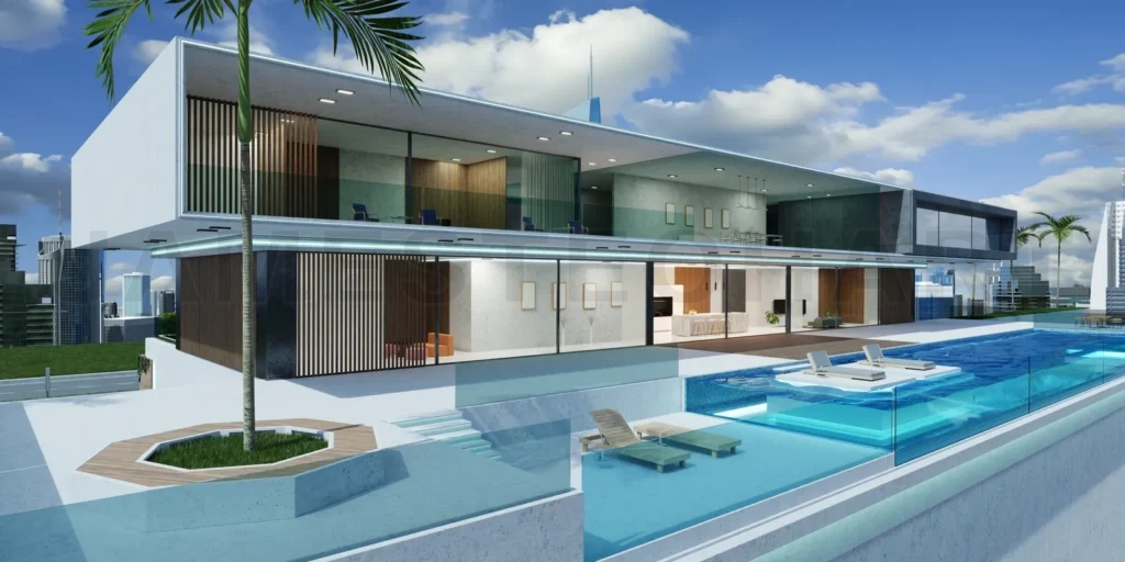 
Luxury villa exterior design with modern cityscape