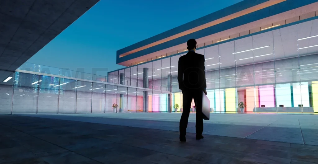 
3d Businessman walking into modern company with colorful wall de